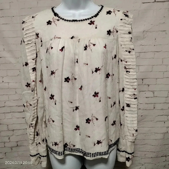 Joie Leitha Floral Ruffle Sleeve Beaded Studded Long Sleeve Blouse Size Small - Picture 1 of 13